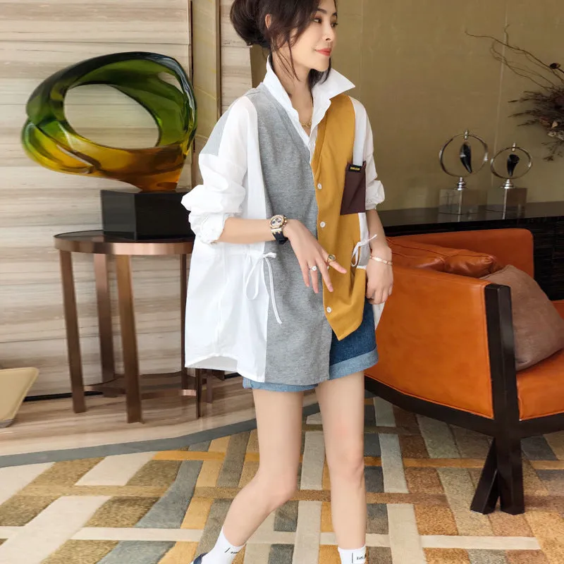 2022 Splicing contrast color patchwork shirt ruffle drawstring knitwear women cardigan top
