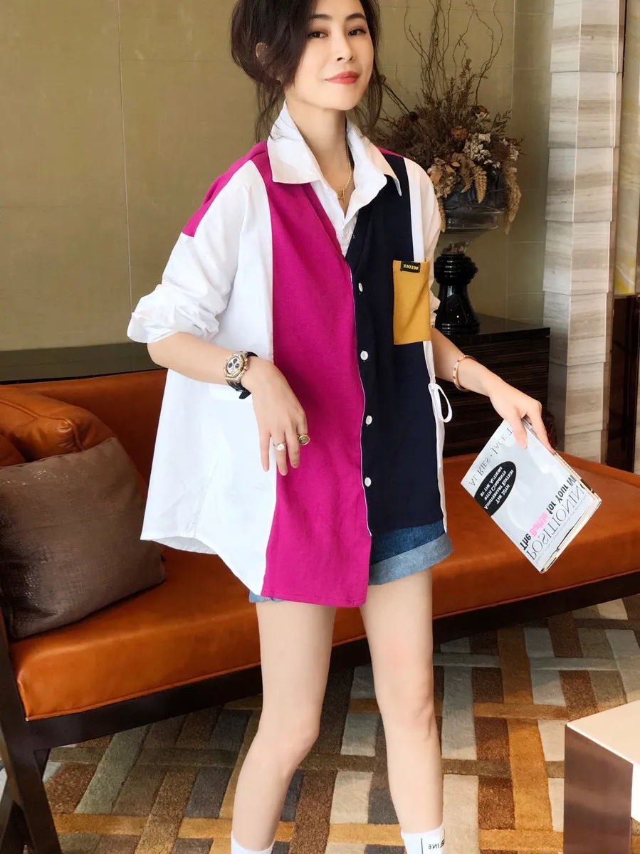 2022 Splicing contrast color patchwork shirt ruffle drawstring knitwear women cardigan top