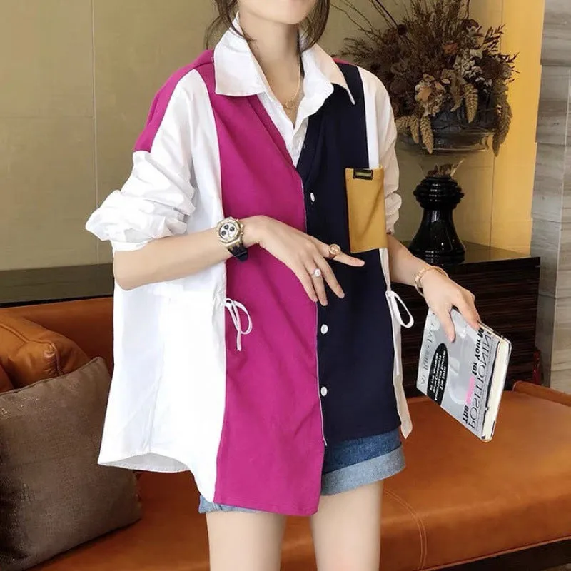 2022 Splicing contrast color patchwork shirt ruffle drawstring knitwear women cardigan top