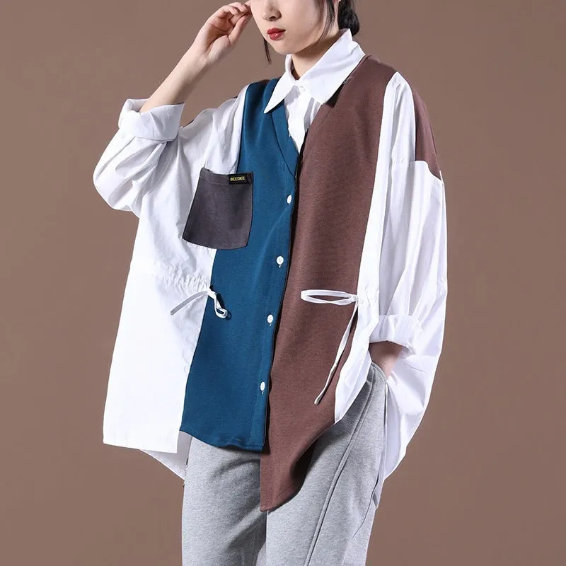 2022 Splicing contrast color patchwork shirt ruffle drawstring knitwear women cardigan top