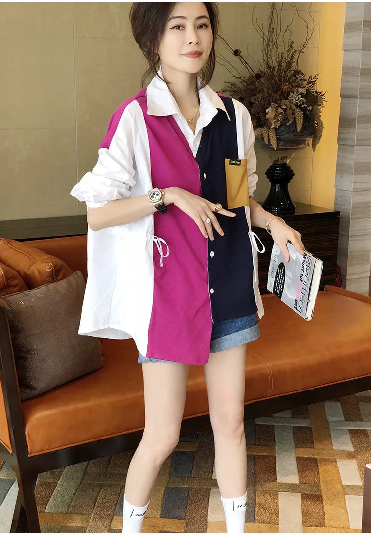 2022 Splicing contrast color patchwork shirt ruffle drawstring knitwear women cardigan top
