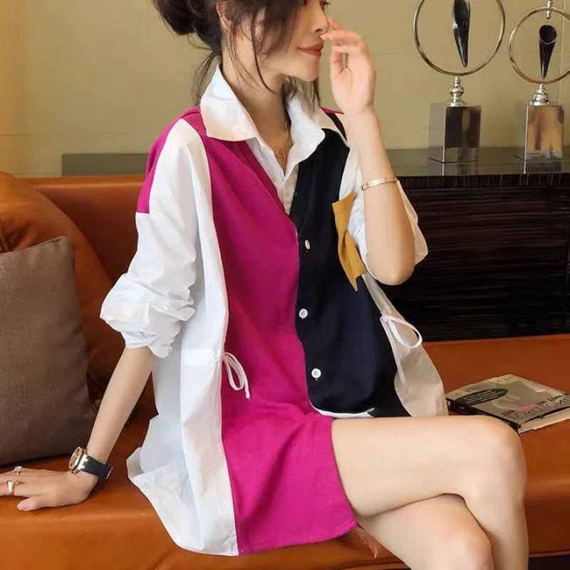 2022 Splicing contrast color patchwork shirt ruffle drawstring knitwear women cardigan top