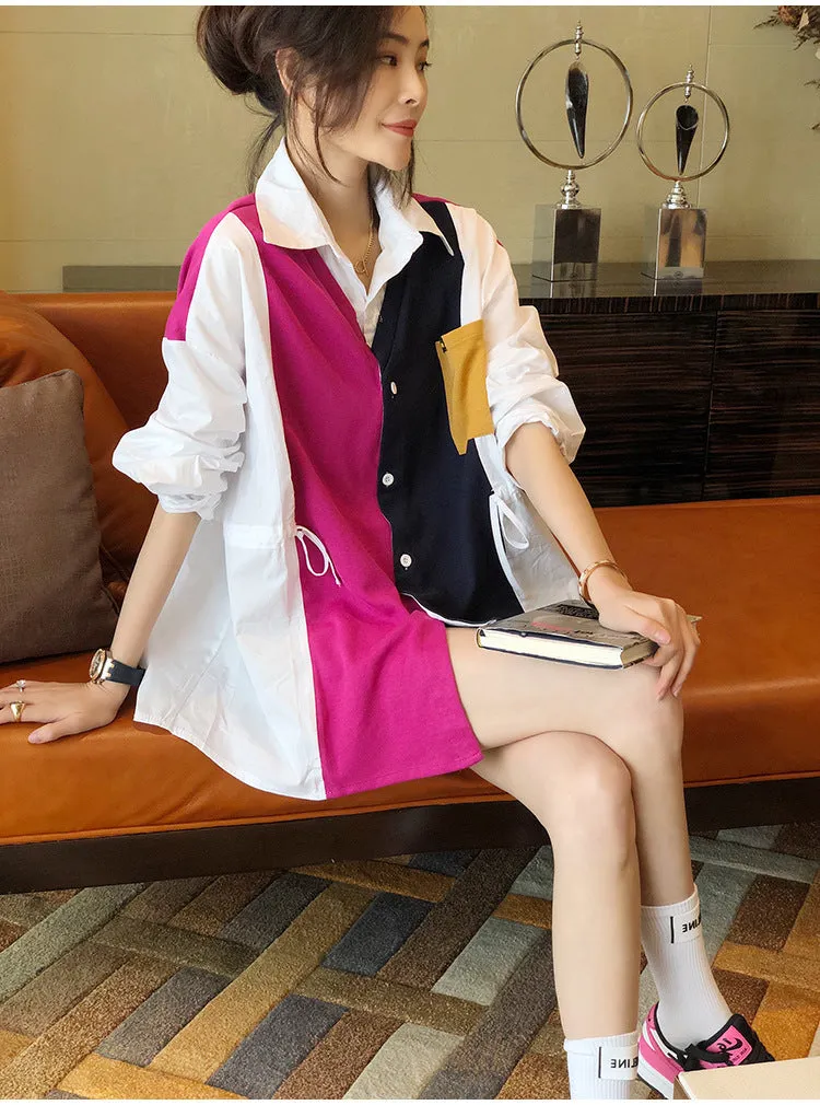 2022 Splicing contrast color patchwork shirt ruffle drawstring knitwear women cardigan top