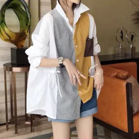 2022 Splicing contrast color patchwork shirt ruffle drawstring knitwear women cardigan top