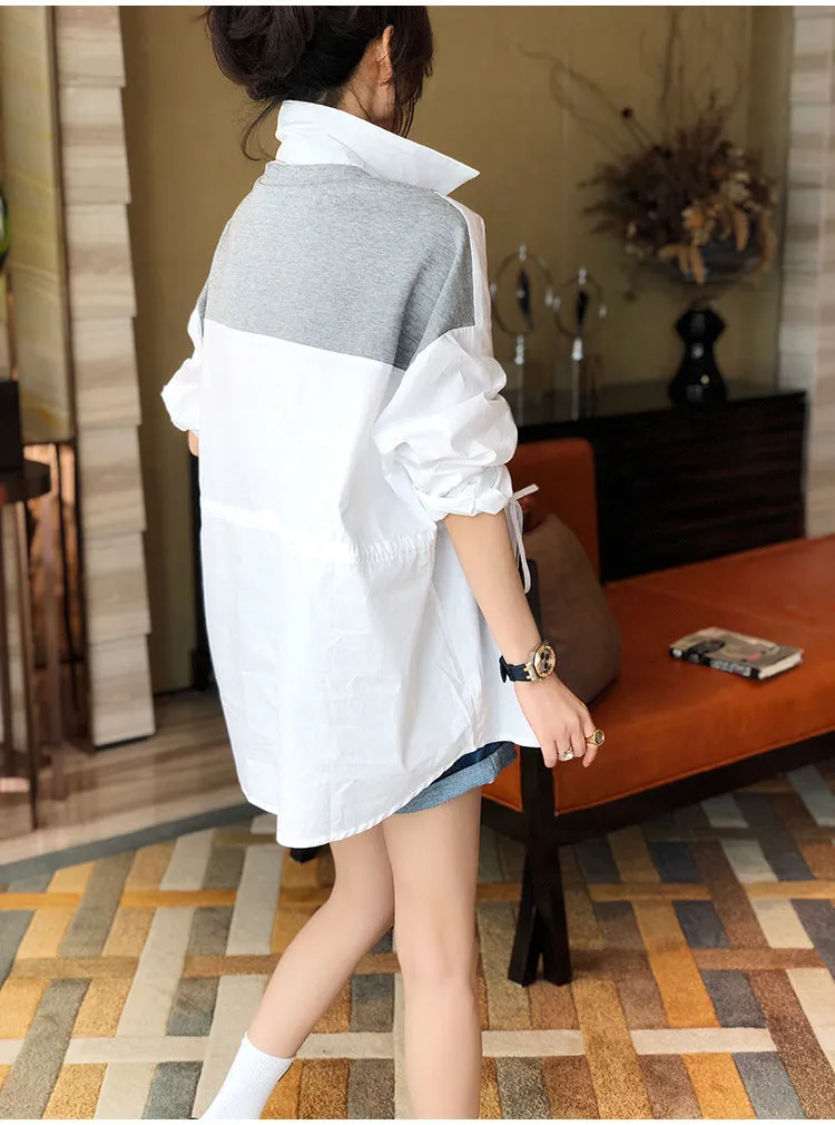 2022 Splicing contrast color patchwork shirt ruffle drawstring knitwear women cardigan top