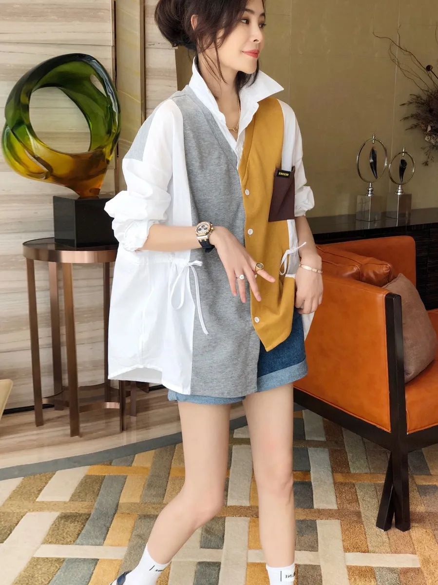 2022 Splicing contrast color patchwork shirt ruffle drawstring knitwear women cardigan top