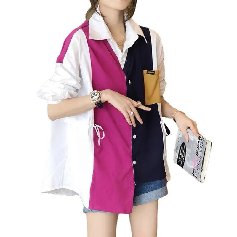 2022 Splicing contrast color patchwork shirt ruffle drawstring knitwear women cardigan top