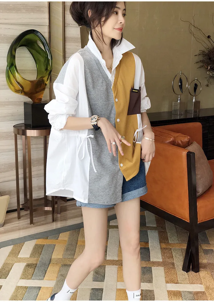 2022 Splicing contrast color patchwork shirt ruffle drawstring knitwear women cardigan top