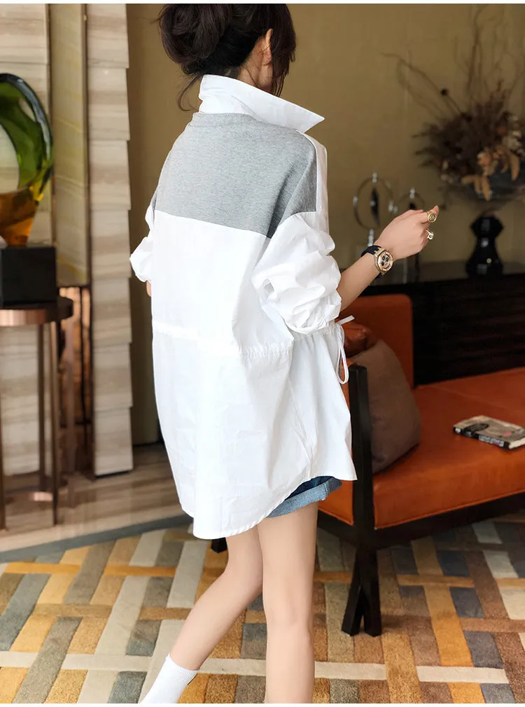 2022 Splicing contrast color patchwork shirt ruffle drawstring knitwear women cardigan top