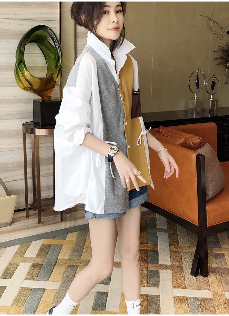 2022 Splicing contrast color patchwork shirt ruffle drawstring knitwear women cardigan top