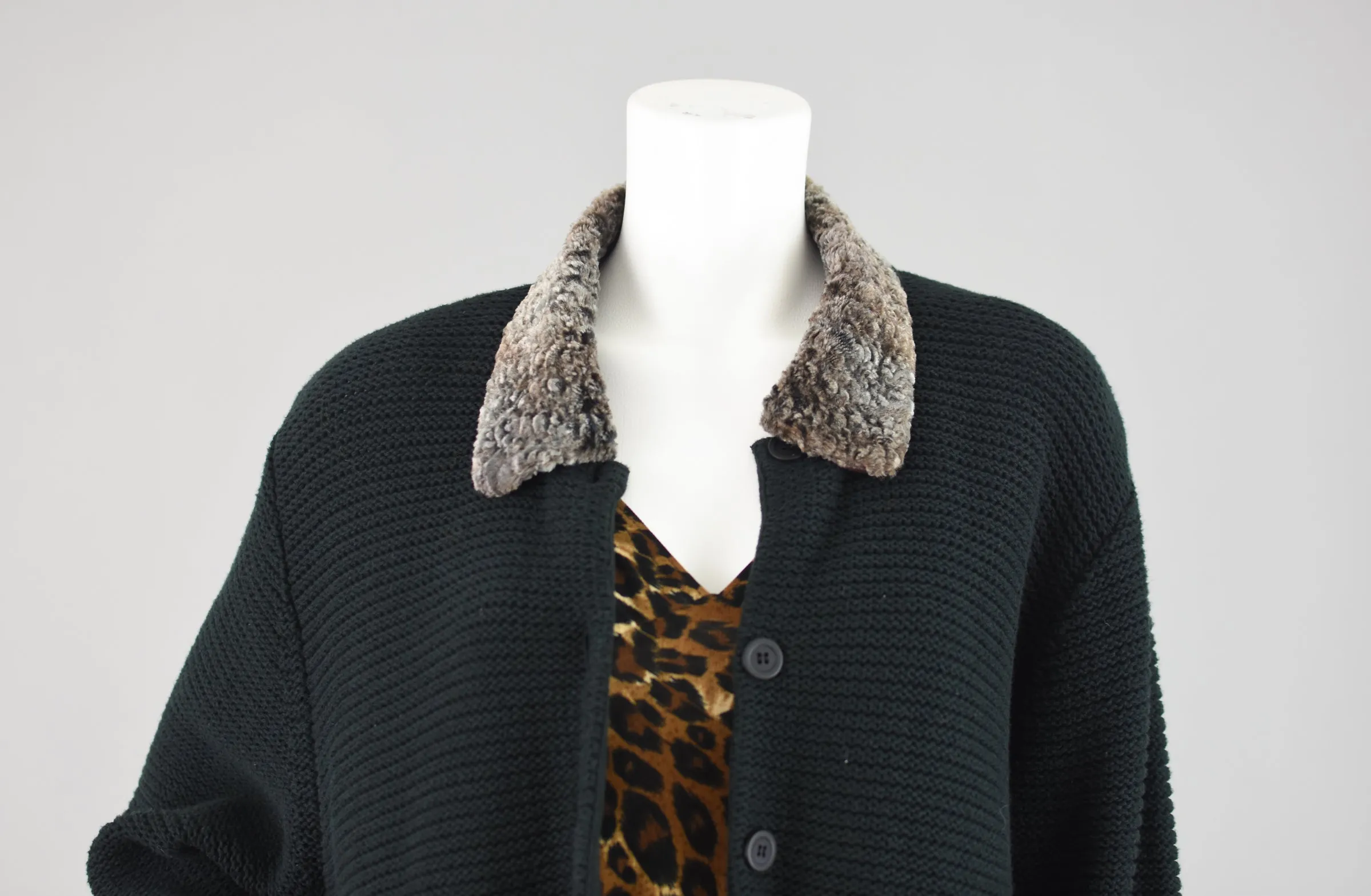 90s Black Crochet Knit Cardigan with Chenille Collar Women's Extra Large