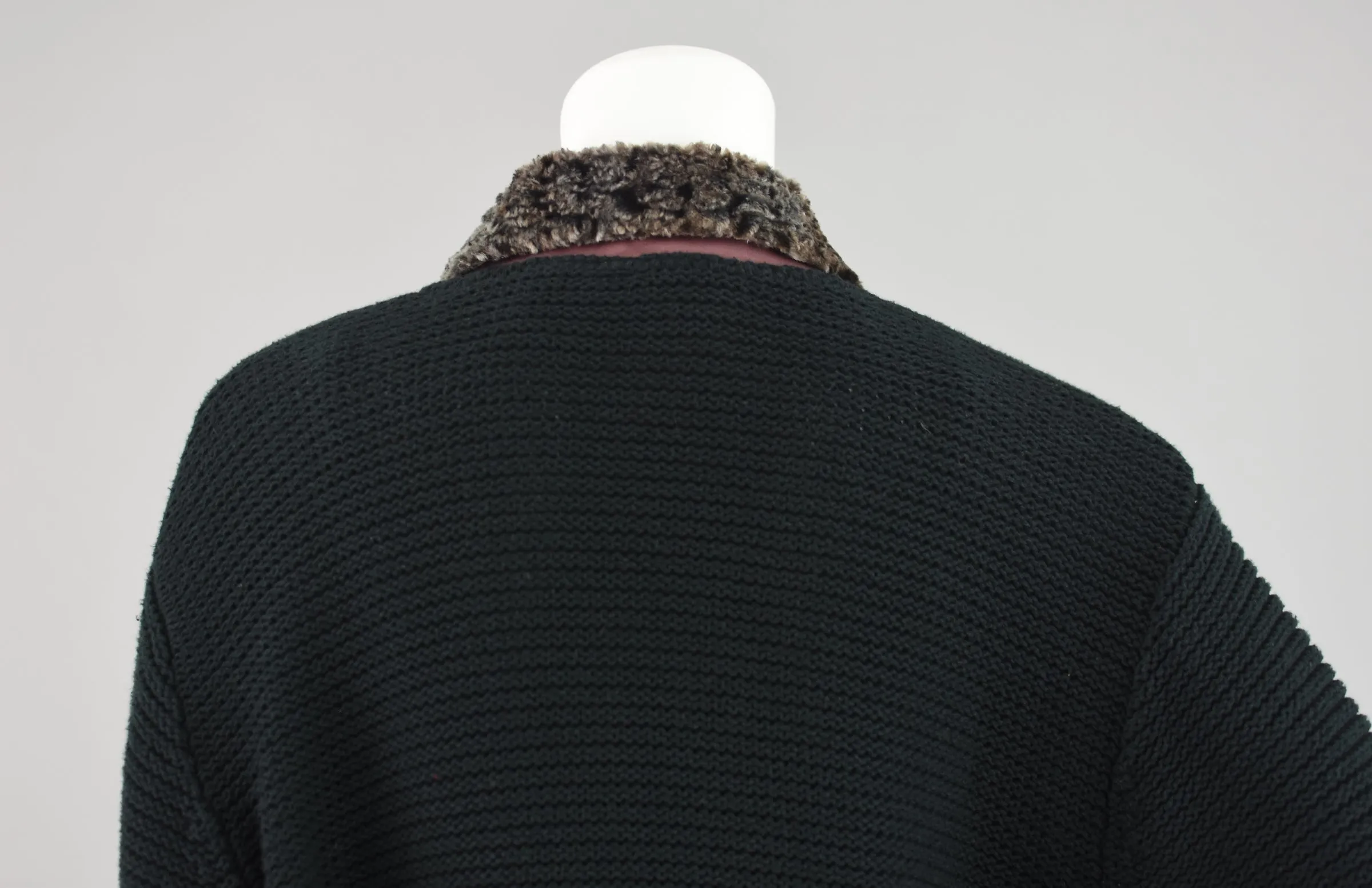 90s Black Crochet Knit Cardigan with Chenille Collar Women's Extra Large