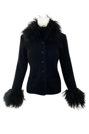 c. 1973 Yves Saint Laurent Black Ribbed Knit Sweater w Mongolian Fur Trimmed Collar & Cuffs
