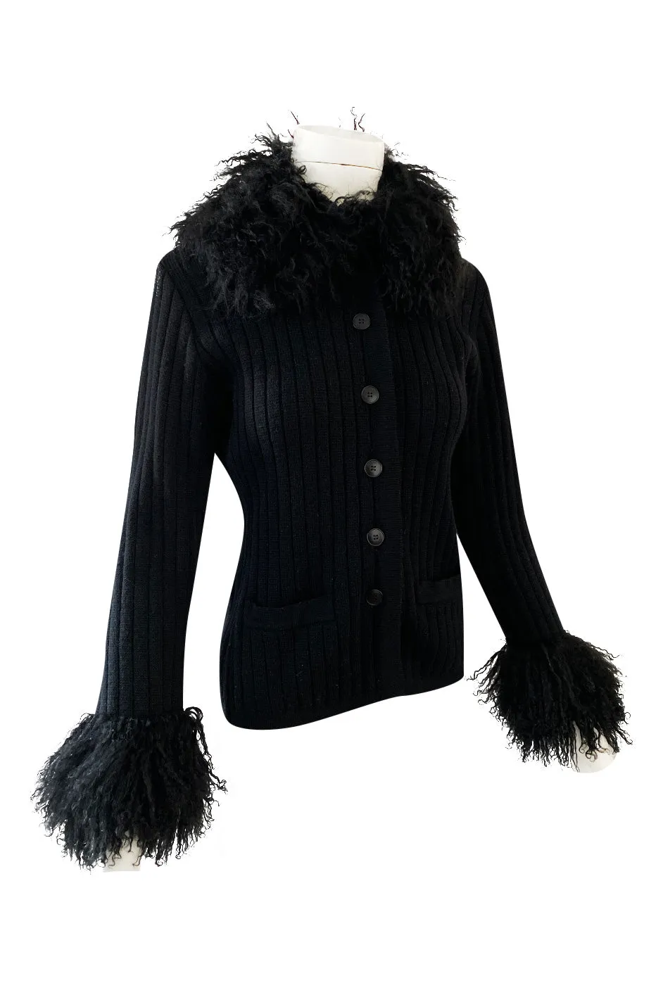 c. 1973 Yves Saint Laurent Black Ribbed Knit Sweater w Mongolian Fur Trimmed Collar & Cuffs