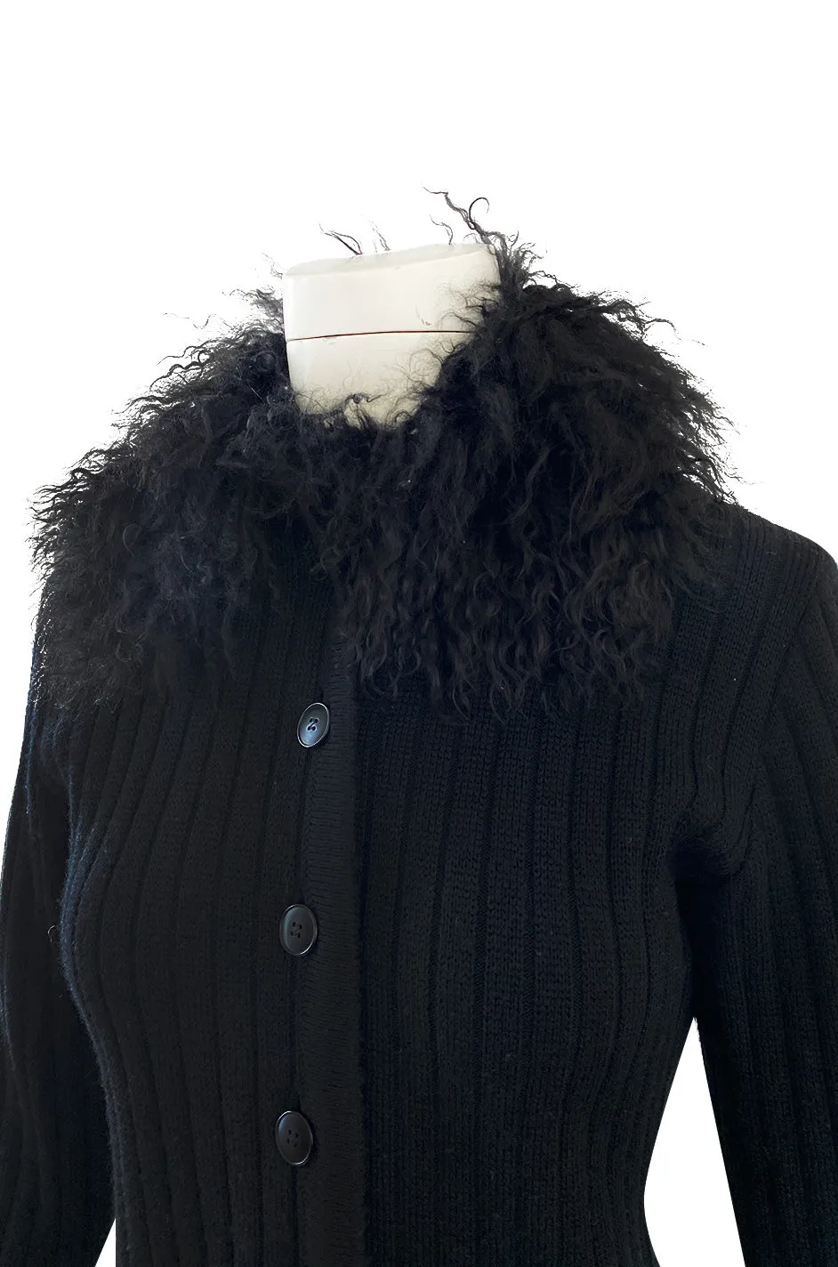 c. 1973 Yves Saint Laurent Black Ribbed Knit Sweater w Mongolian Fur Trimmed Collar & Cuffs