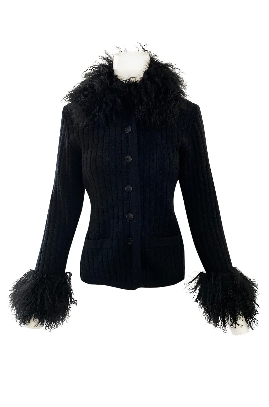 c. 1973 Yves Saint Laurent Black Ribbed Knit Sweater w Mongolian Fur Trimmed Collar & Cuffs