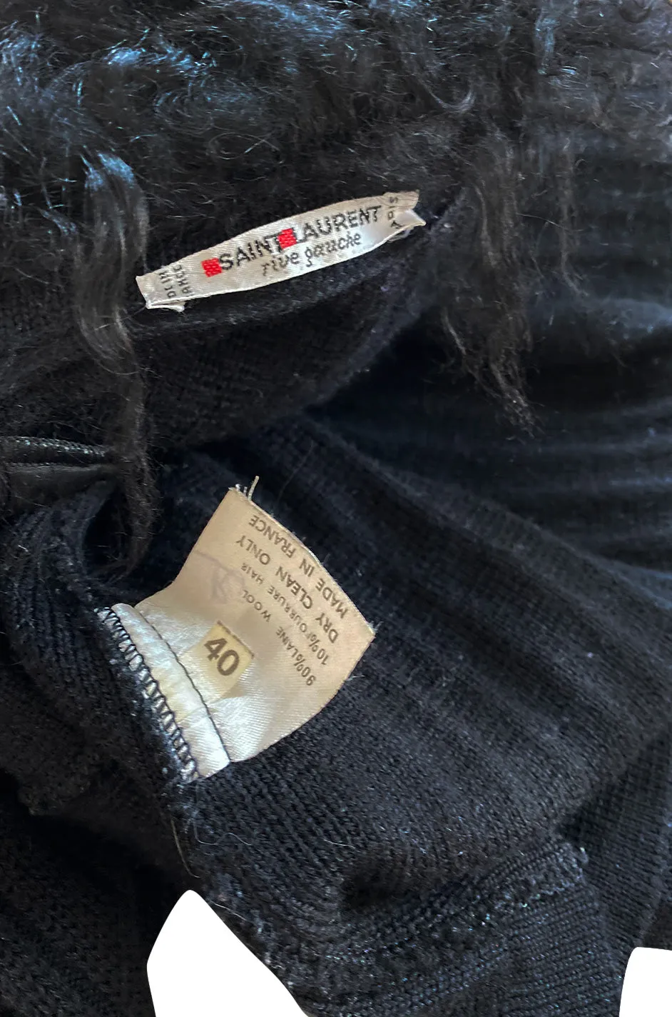 c. 1973 Yves Saint Laurent Black Ribbed Knit Sweater w Mongolian Fur Trimmed Collar & Cuffs
