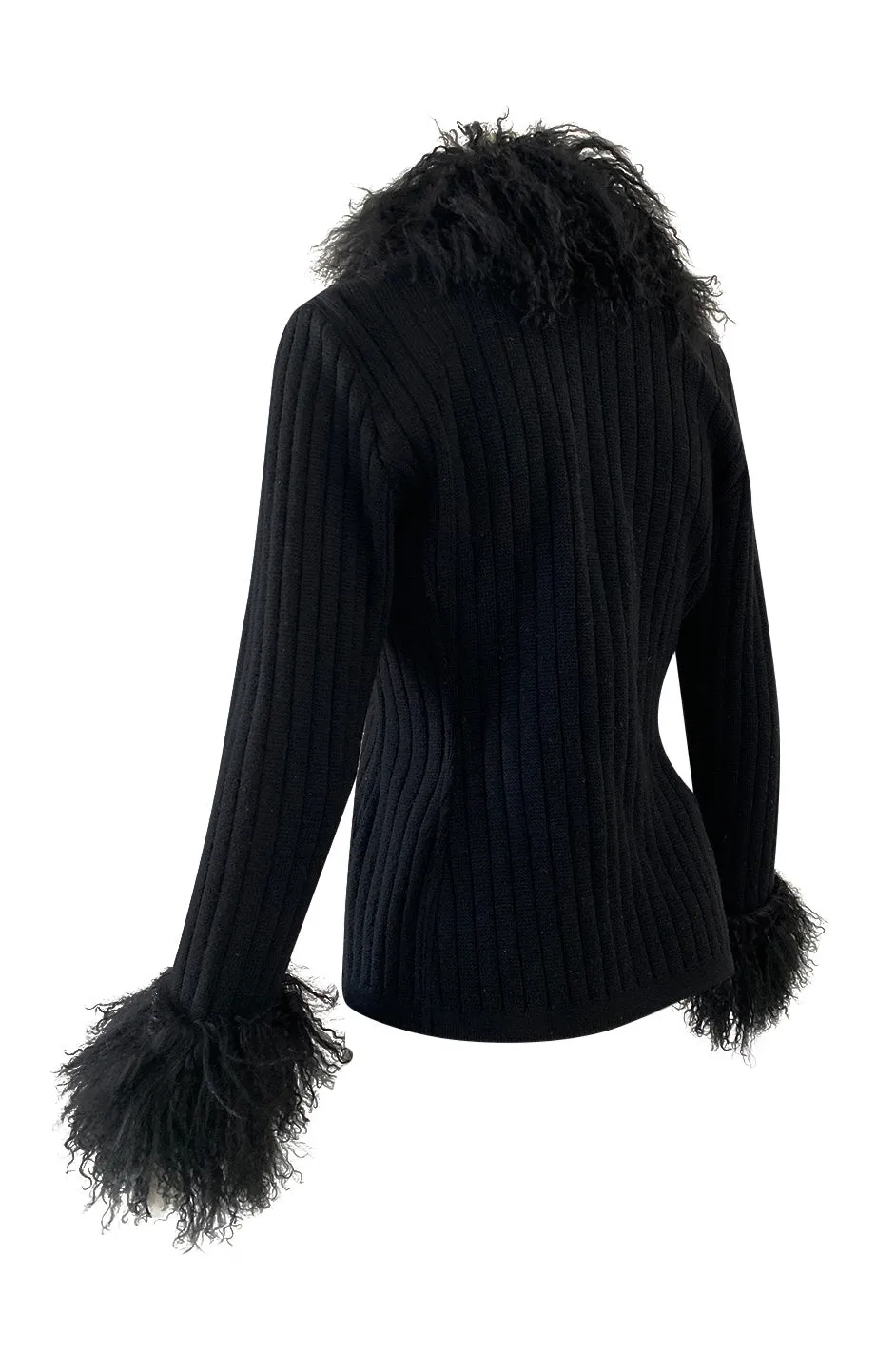 c. 1973 Yves Saint Laurent Black Ribbed Knit Sweater w Mongolian Fur Trimmed Collar & Cuffs
