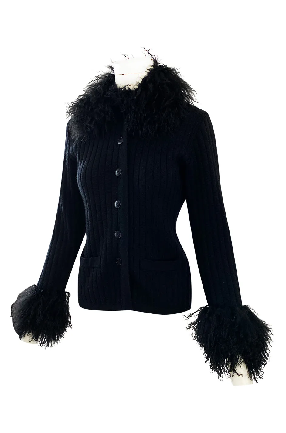 c. 1973 Yves Saint Laurent Black Ribbed Knit Sweater w Mongolian Fur Trimmed Collar & Cuffs