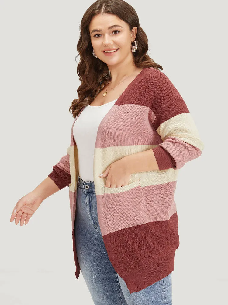 Colorblock Patchwork Patched Pocket Elastic Cuffs Cardigan