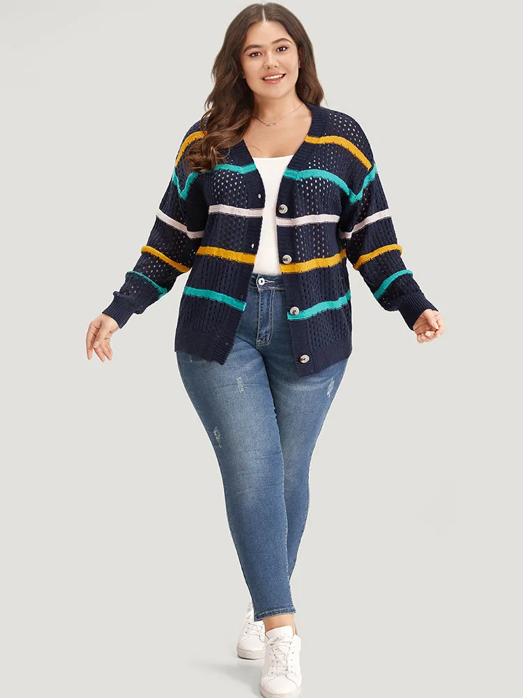 Contrast Striped Button Through Hollow Out Cardigan