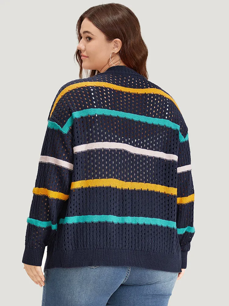 Contrast Striped Button Through Hollow Out Cardigan