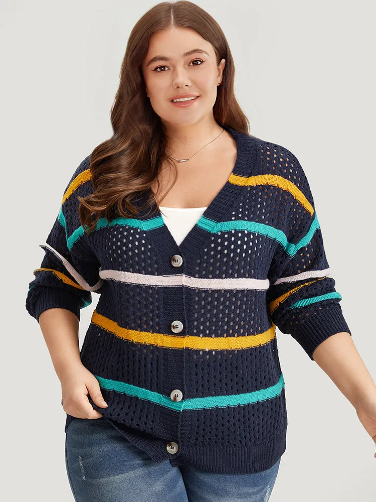 Contrast Striped Button Through Hollow Out Cardigan