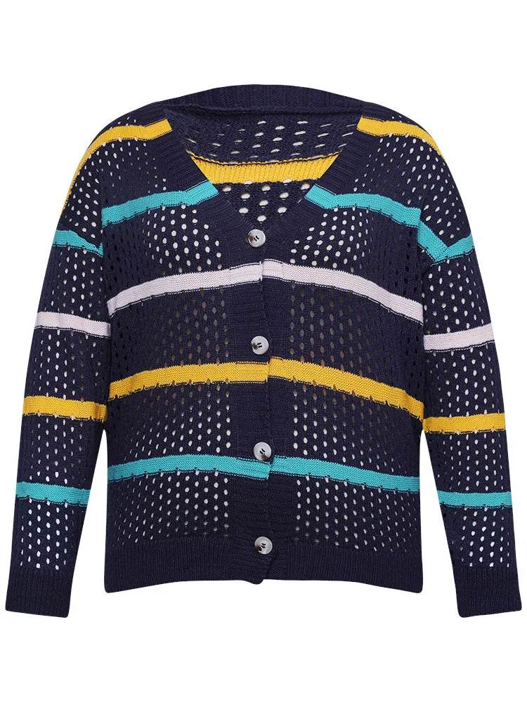 Contrast Striped Button Through Hollow Out Cardigan