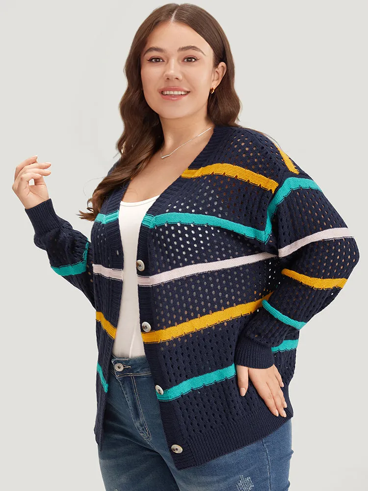 Contrast Striped Button Through Hollow Out Cardigan