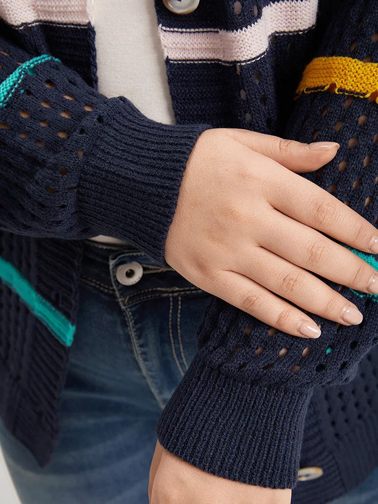 Contrast Striped Button Through Hollow Out Cardigan