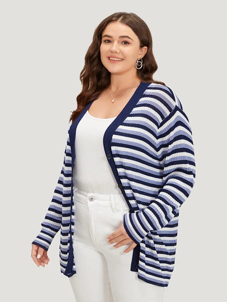 Contrast Striped Rib Knit Button Through Cardigan