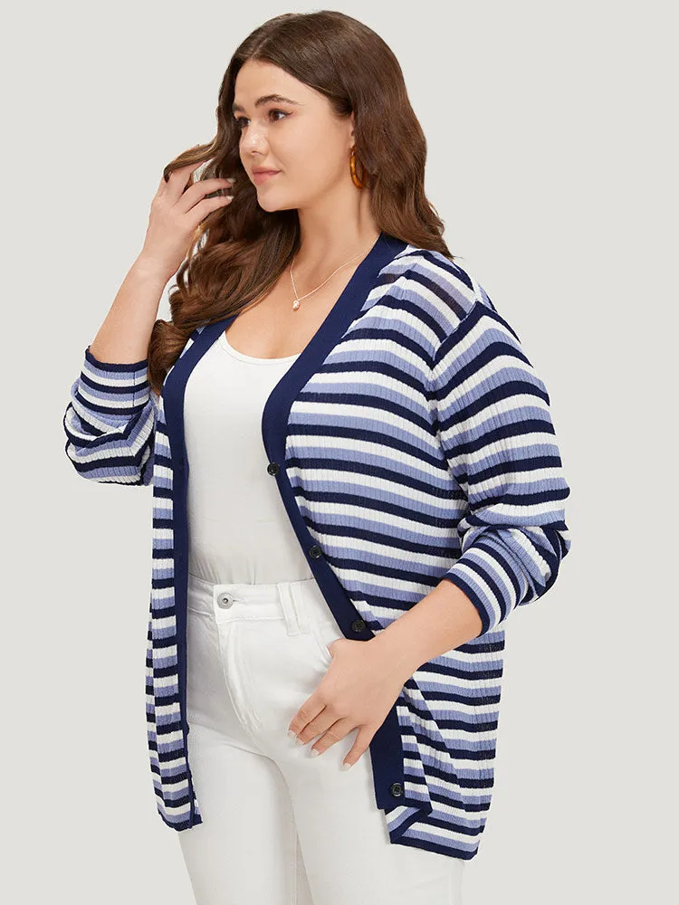 Contrast Striped Rib Knit Button Through Cardigan