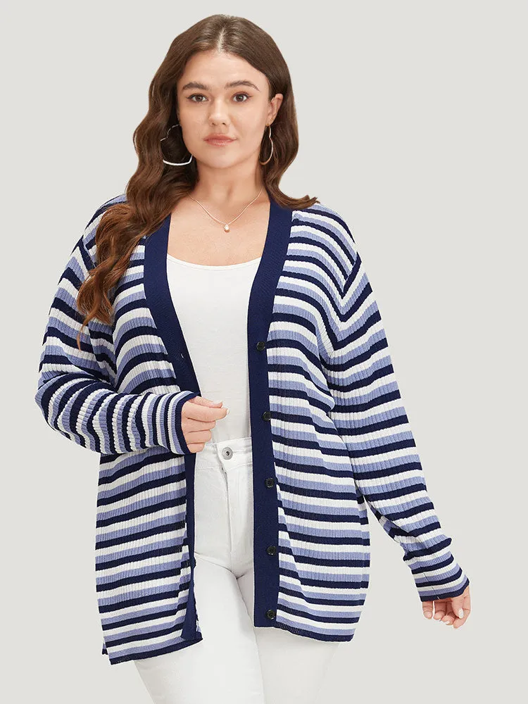 Contrast Striped Rib Knit Button Through Cardigan