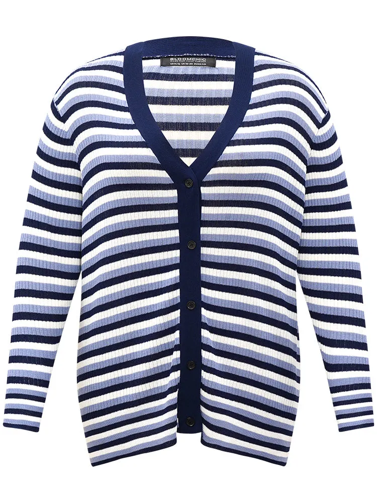 Contrast Striped Rib Knit Button Through Cardigan