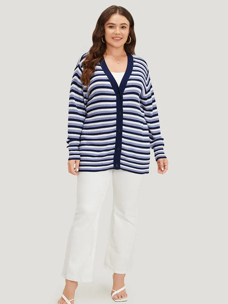 Contrast Striped Rib Knit Button Through Cardigan
