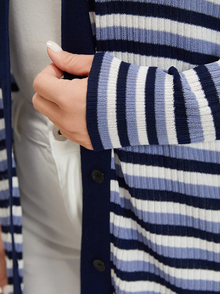 Contrast Striped Rib Knit Button Through Cardigan