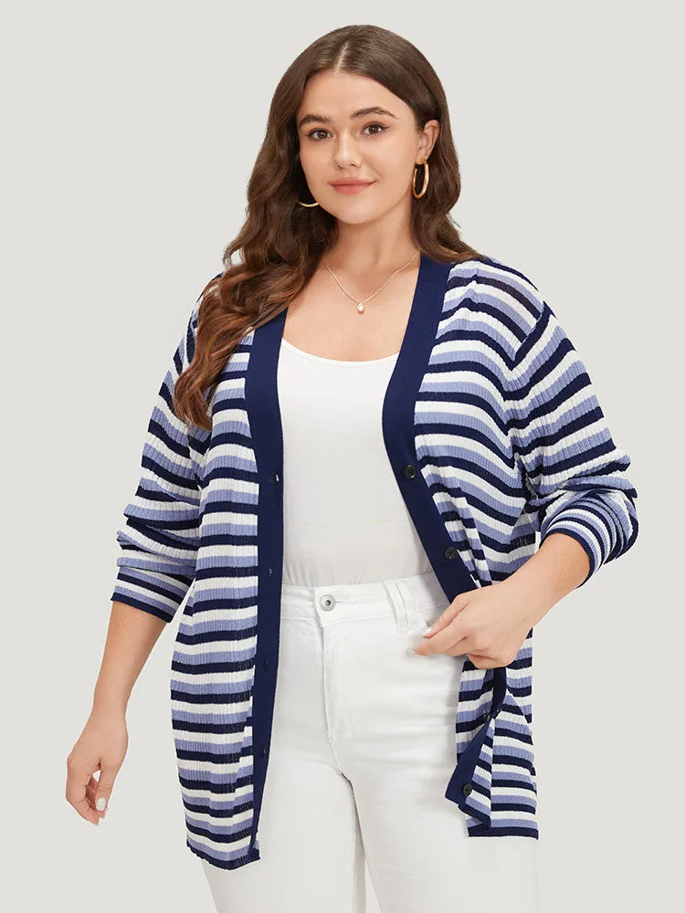 Contrast Striped Rib Knit Button Through Cardigan