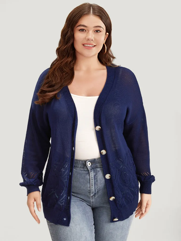 Geometric Eyelet Button Through Elastic Cuffs Cardigan