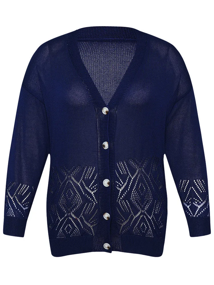 Geometric Eyelet Button Through Elastic Cuffs Cardigan