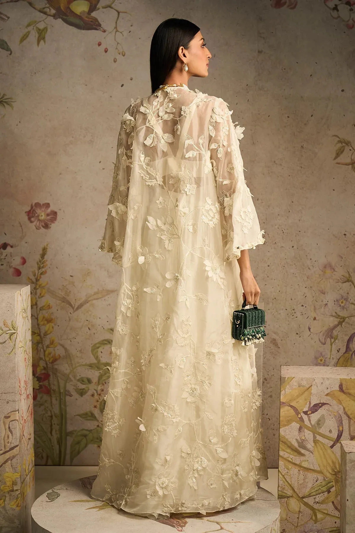Ivory Georgette Blouse and Flared Pants Paired with Long Jacket