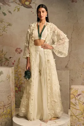 Ivory Georgette Blouse and Flared Pants Paired with Long Jacket