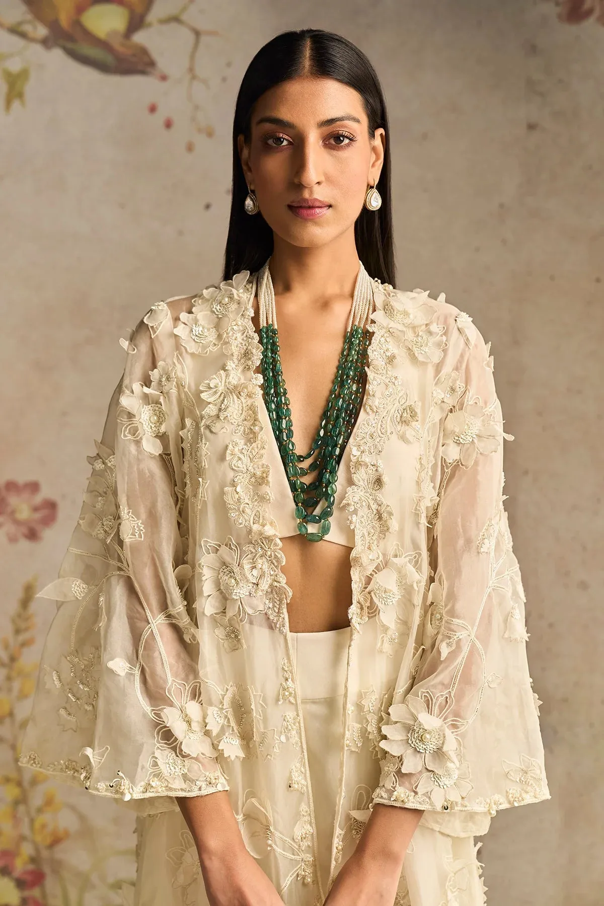 Ivory Georgette Blouse and Flared Pants Paired with Long Jacket
