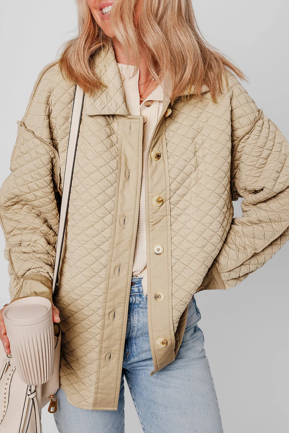 Jet Stream Solid Colour Quilted Puffer Buttoned Shacket