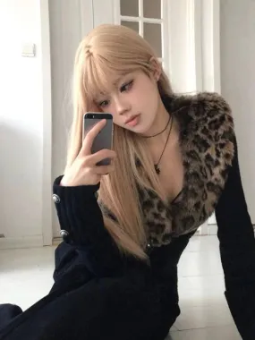 Joskaa Detachable Leopard Print Fur Collar Tops Mujer Autumn Winter New Slim Fit Sweaters  Black Long Sleeve Cardigan Women