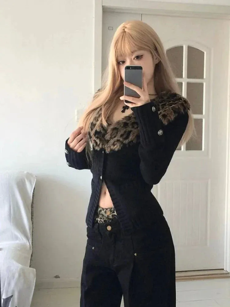 Joskaa Detachable Leopard Print Fur Collar Tops Mujer Autumn Winter New Slim Fit Sweaters  Black Long Sleeve Cardigan Women