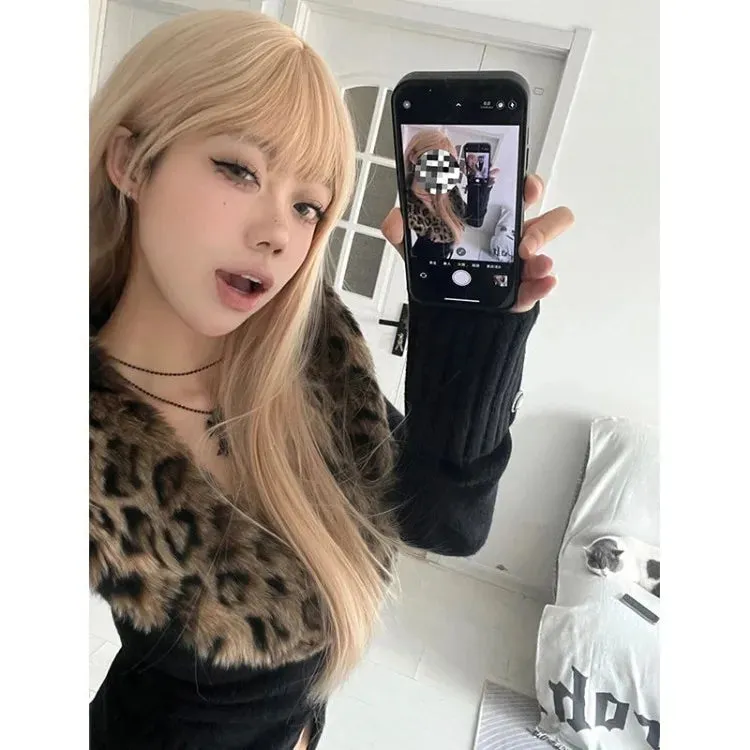 Joskaa Detachable Leopard Print Fur Collar Tops Mujer Autumn Winter New Slim Fit Sweaters  Black Long Sleeve Cardigan Women