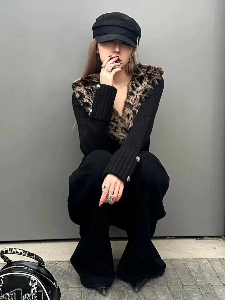 Joskaa Detachable Leopard Print Fur Collar Tops Mujer Autumn Winter New Slim Fit Sweaters  Black Long Sleeve Cardigan Women