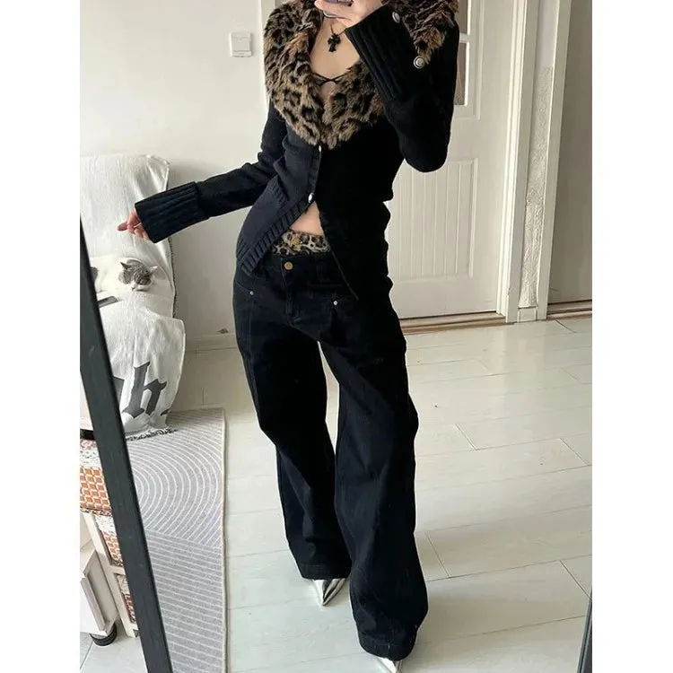 Joskaa Detachable Leopard Print Fur Collar Tops Mujer Autumn Winter New Slim Fit Sweaters  Black Long Sleeve Cardigan Women
