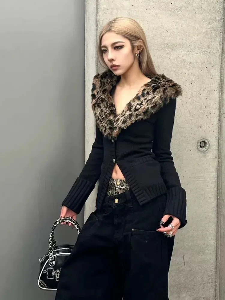 Joskaa Detachable Leopard Print Fur Collar Tops Mujer Autumn Winter New Slim Fit Sweaters  Black Long Sleeve Cardigan Women