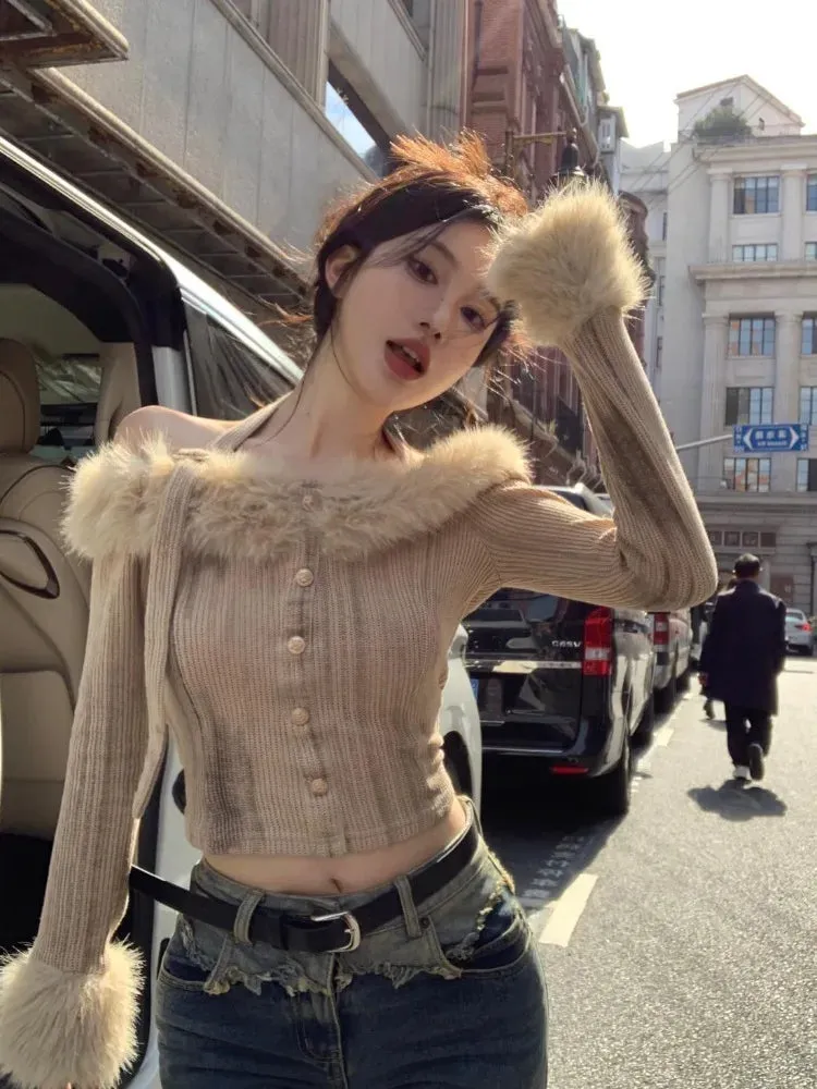 Joskaa Fur Collar Off Shoulder Halter Tops Mujer Y2k Slim Fit Long Sleeve Cardigan 2024 Autumn Winter New Bottoming Sweaters